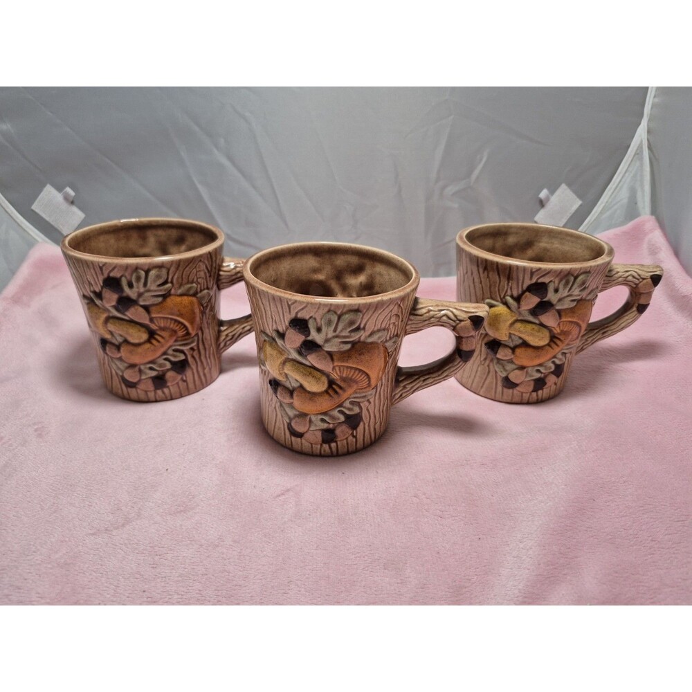 Vintage ARNEL'S Mushroom Mug Set Of 3 Coffee Tea MCM Ceramic Beige Brown Signed